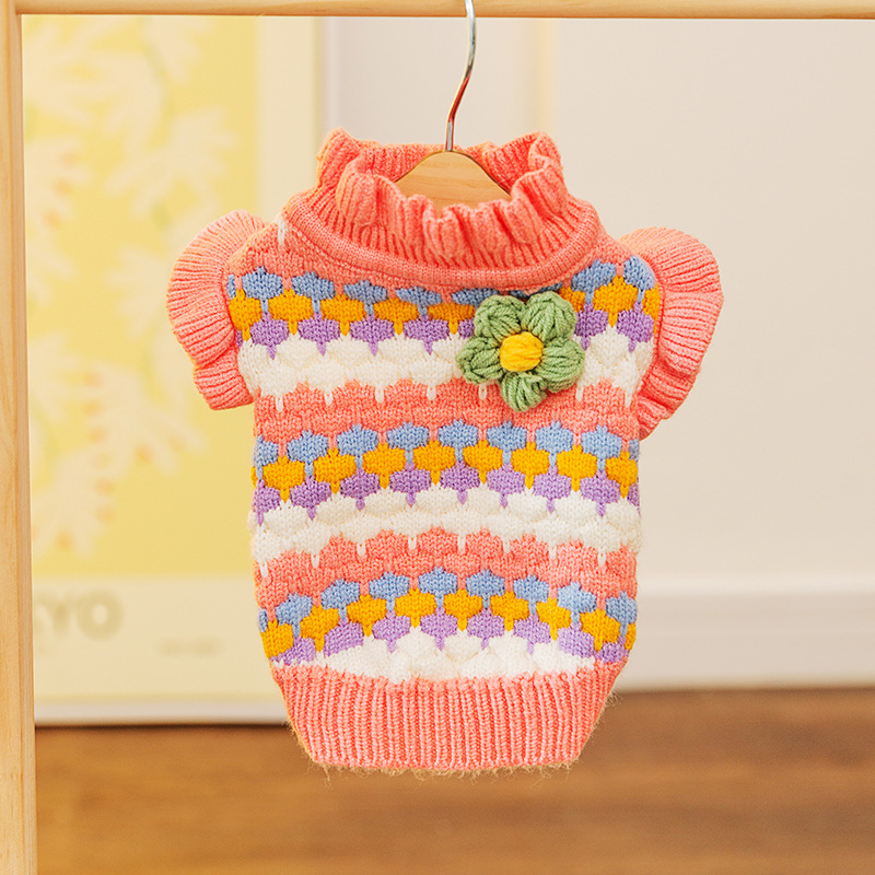 Dog Sweater 3D Small Flower Color Dog Teddy Pet Clothes Autumn and Winter Warm Knitted Sweater Small and Medium Sized