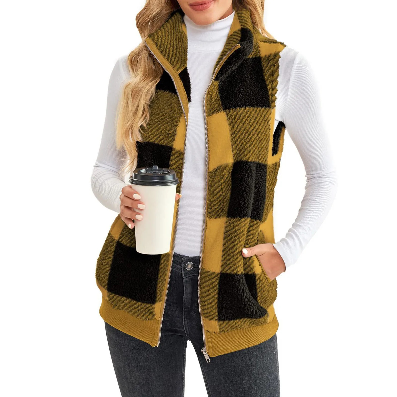 Fleece Thicken Warm Vest Jacket Women Casual Fashion Zipper Solid Loose Sleeveless Vest Jacket Plaid Stand Up Collar Jacket 250113