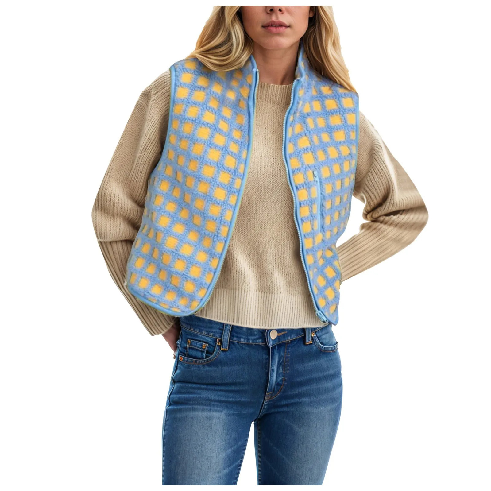 Women Checkered Cardigan Vest Sleeveless Zip Up Fleece Top Crochet Plaid Vests With Pocket Holiday Outfits For Woman Dressy 250113