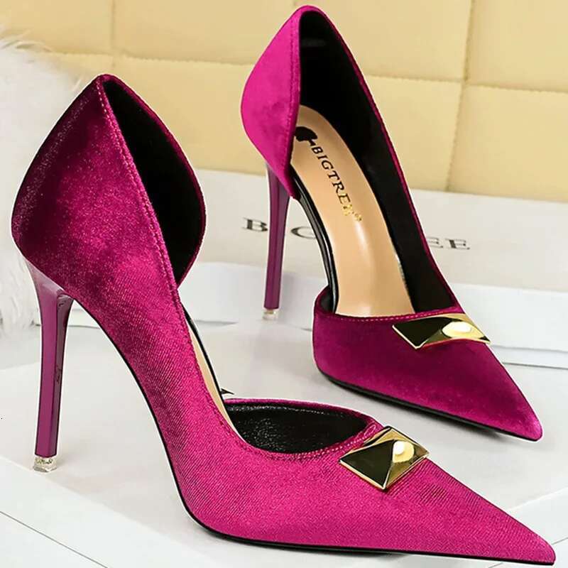 Women 10.5Cm High Wedding Replica Pumps Lady Designer Velevt Elegant Heels Stiletto Purple Pink Evening Shoes