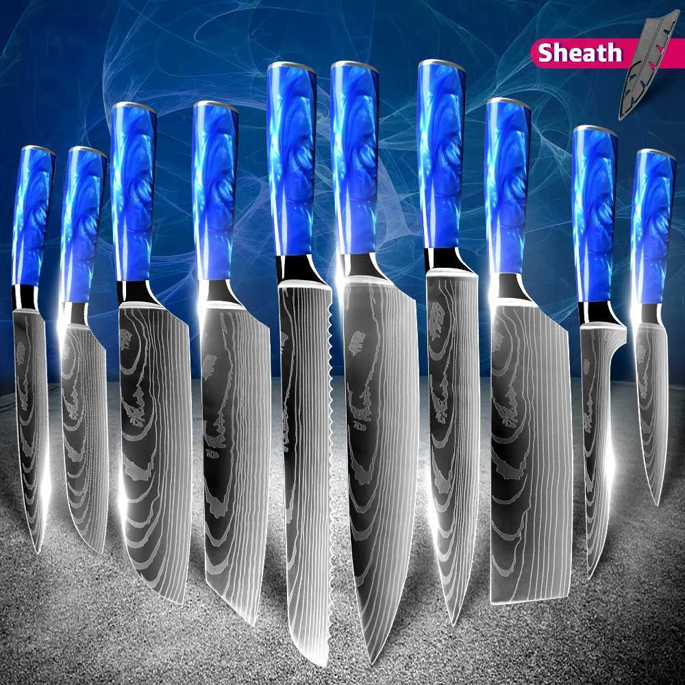 Kitchen Knives Set Chef Japanese Santoku Cleaver Slicer Utility Knife Blue Resin Handle Damascus Pattern 7CR17 440C SteelXJ250117