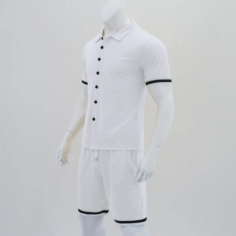 Mens Summer Polo Cardigan Solid Short Sleeve Shorts Two Piece Casual Set 250113