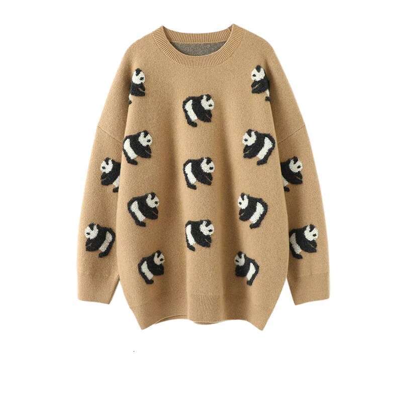 Aliaga Europe New Panda Jacquard 100% Cashmere Sweater Knitwear Womens Drop Shoulder Oversized Jumper Double Layer Tops