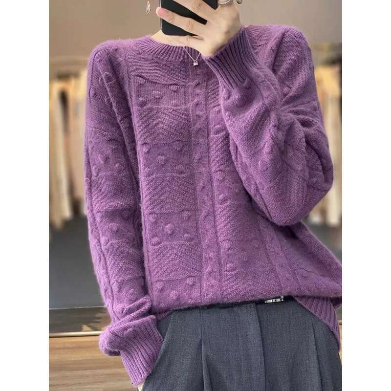 Women's Autumn Winter Pullover Round Neck Solid Screw Thread Paisley Lantern Long Sleeve Sweater Knitted Casual Elegant Tops