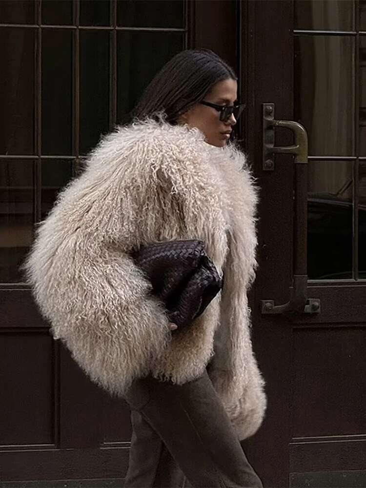 Faux Fur Effect Short Coat Jacket Khaki French Socialite Loose Furry Overcoat Elegant Slimming Outwear Women's Clothing Winter