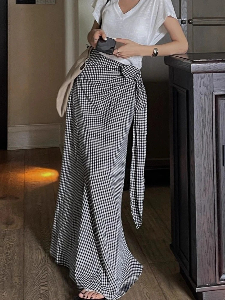 Korean Bowknot Laceup Aline Skirt for Women Summer Black White Plaid Female Elegant Womens Long High Waist 250108