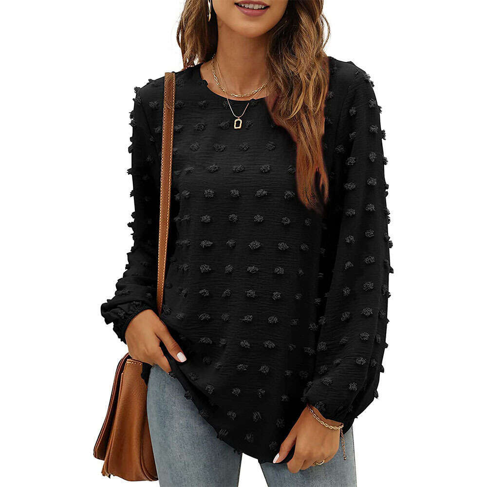 2025 autumn winter popular European and American loose jacquard long sleeved round neck T-shirt top, women's new casual versatile fashion clothin
