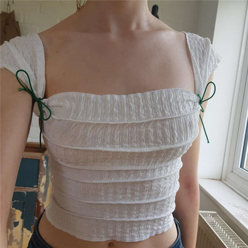 2025 summer fashionable sexy exposed navel square collar striped pleated slim fit short sleeveless vest new style chic and elegant clothing