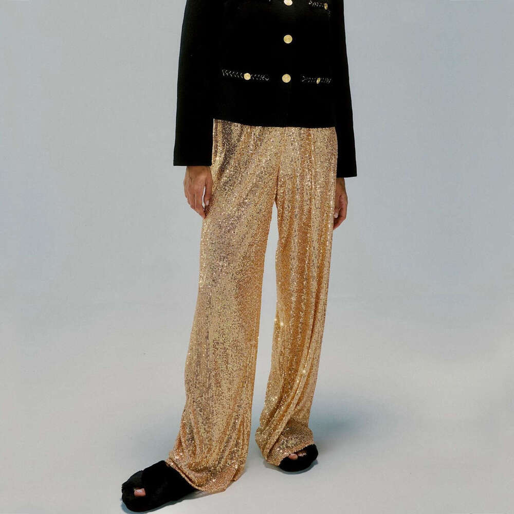 European and American women's hot selg solid color sequins fashionable casual straight leg pants 2025 temperament versatile new trend clothing in