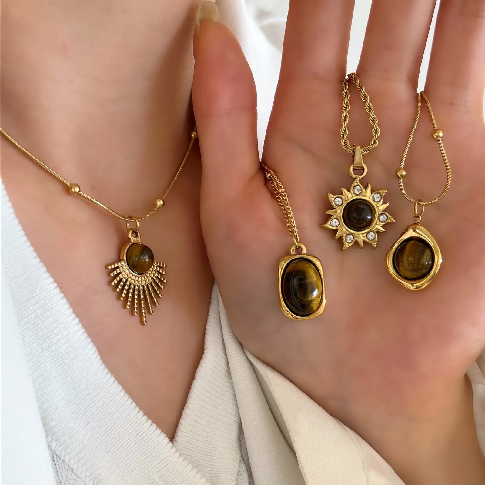 HangZhi Natural Stone Steel Pendant Necklace Rhinestone Flower Oval Gold Color Charm Sweater Chain Jewelry for Women 250109