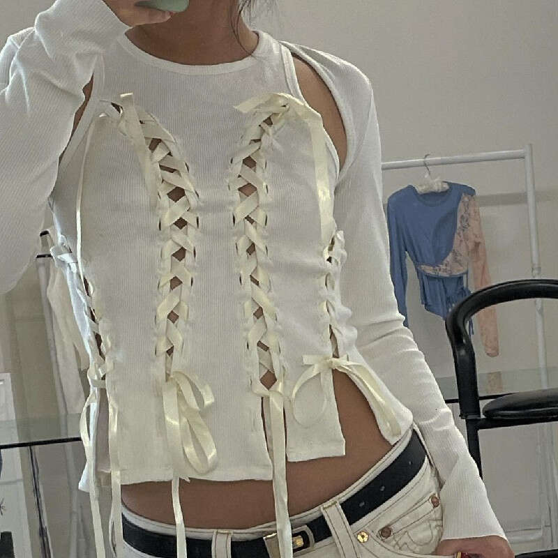 2025 Spring Hot Round Neck Hollow Cross Tie Bow Short Sleeveless Tank Top New Casual Versatile Fashion Clothing