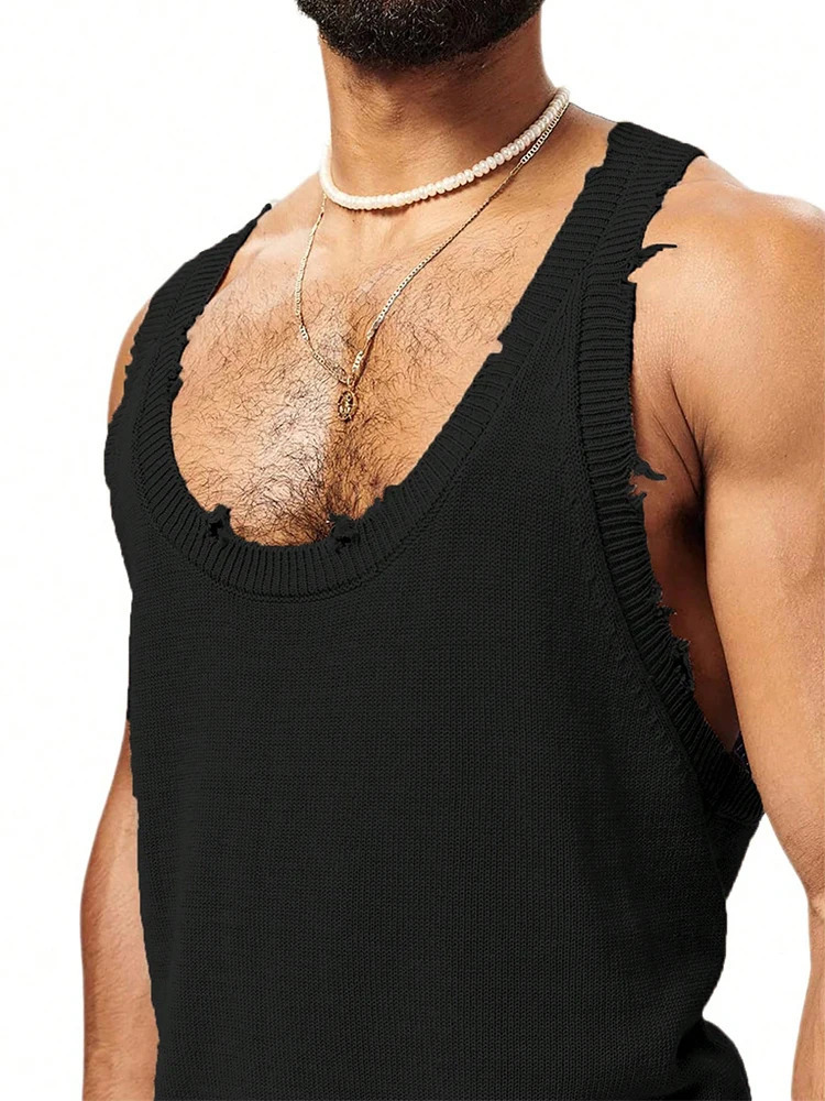 Hip Hop O Neck Straps Ripped Tank Tops Men Streetwear Fashion Solid Color Slim Vest Mens Summer Trendy Sleeveless Camisoles 250108