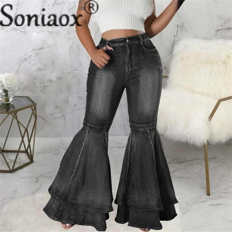 Fashion Splicing Layers Flared Jeans Women High Waist Comfortable Commuter Denim Pants Female Casual Stretch Wide Leg Trousers
