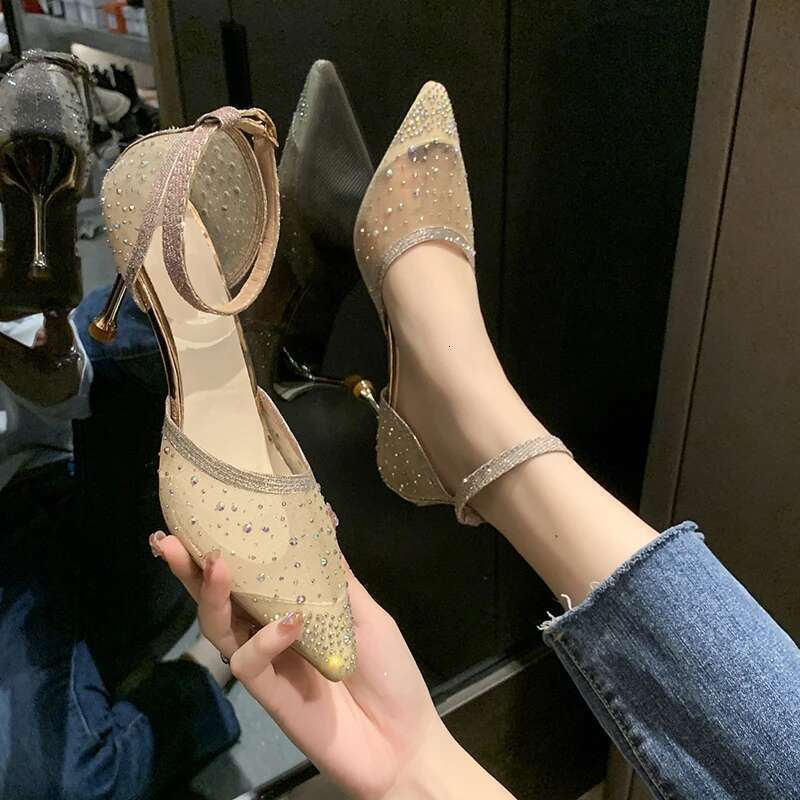 Women Heels Mesh Elegant Heeled Shoes Sexy Nude Wedding Bride Woman Dress Urban Gold Clear Rhie Pointed Toe Pumps
