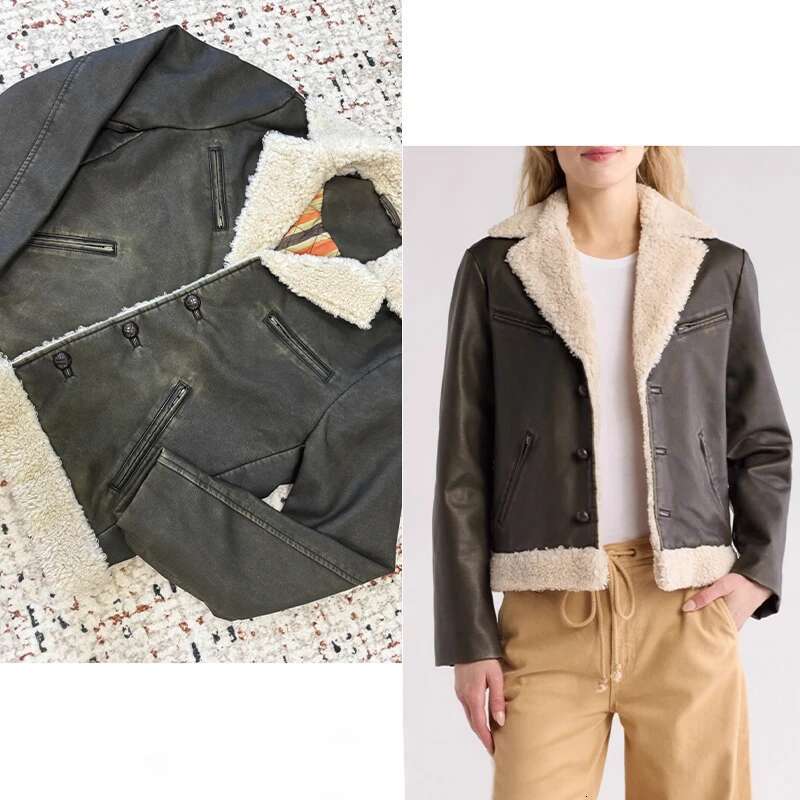 NIGO LP Women's Winter Lamb Fur Collar Vintage Aged Leather Long Sleeve Fitted Jacket #Nigo61437