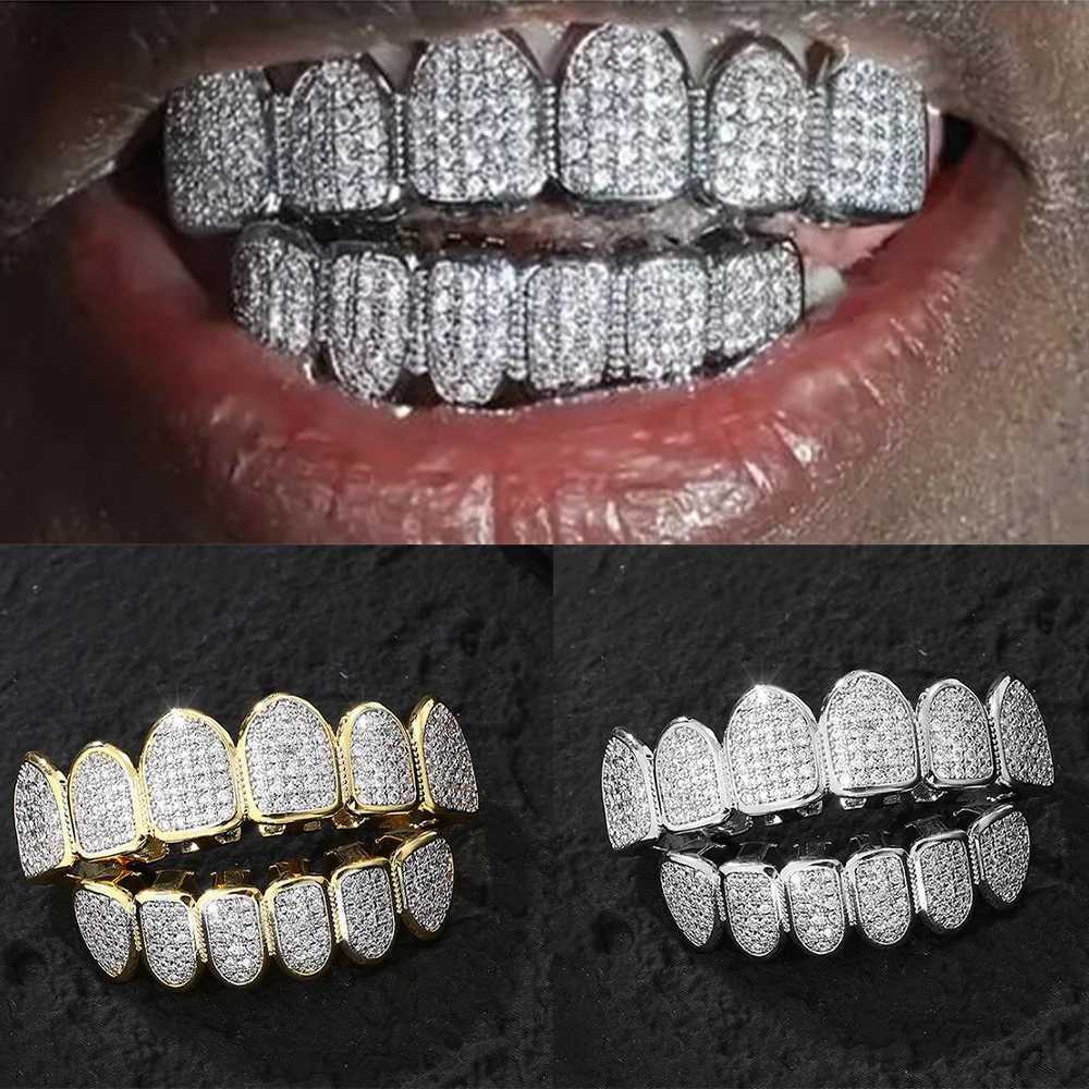 Hip Hop Full Iced Out Teeth Grillz Caps Bling Cubic Zircon Top Bottom Charm Grills Set For Men Women Jewelry GiftXJ250114