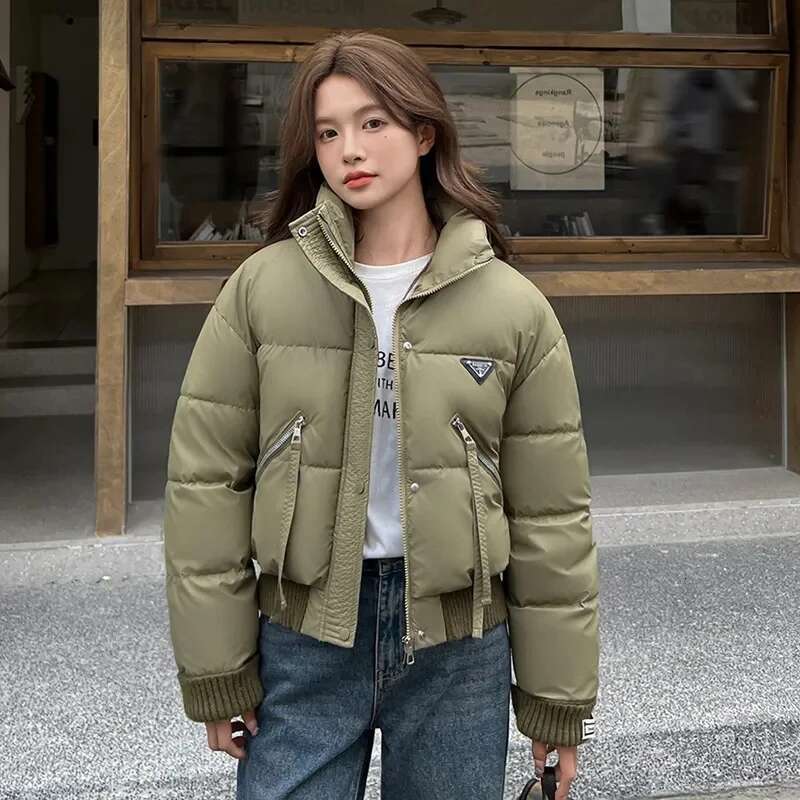 Fashion Casual Down Cotton Parkas Winter Warm Puffer Short Women's Stand Collar Knitted Spliced Jacket Outerwear