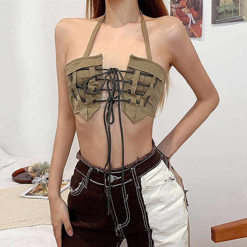 Europe and America 2025 Spring Women's Fashion Sexy Hot Girl Retro Work Clothes Hollow Lace Hanging Neck Short Tank Top Temperament Versatile New