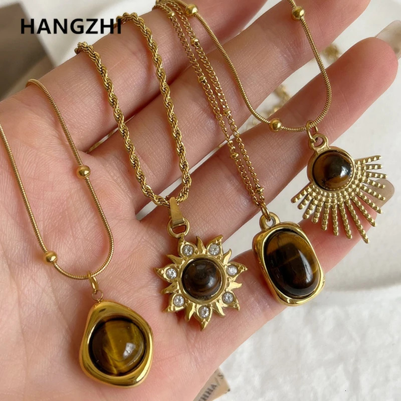 HangZhi Natural Stone Steel Pendant Necklace Rhinestone Flower Oval Gold Color Charm Sweater Chain Jewelry for Women 250109