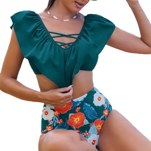new sexy ruffled V-neck high waisted split women's bikini swimsuit