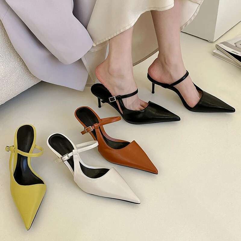 Chic Pointed Toe Stiletto Pump Sandals Woman Slip-on Mule Slides Ladies Elegant Buckle Strap High Heel Evening Party Shoes