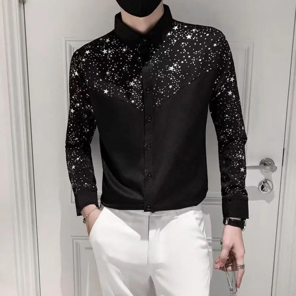 Ultra thin fit shirt with glitter star patch work cardigan for men ultra-thin fit long sleeved shirt with a soft and breathable collar at the hem 2501