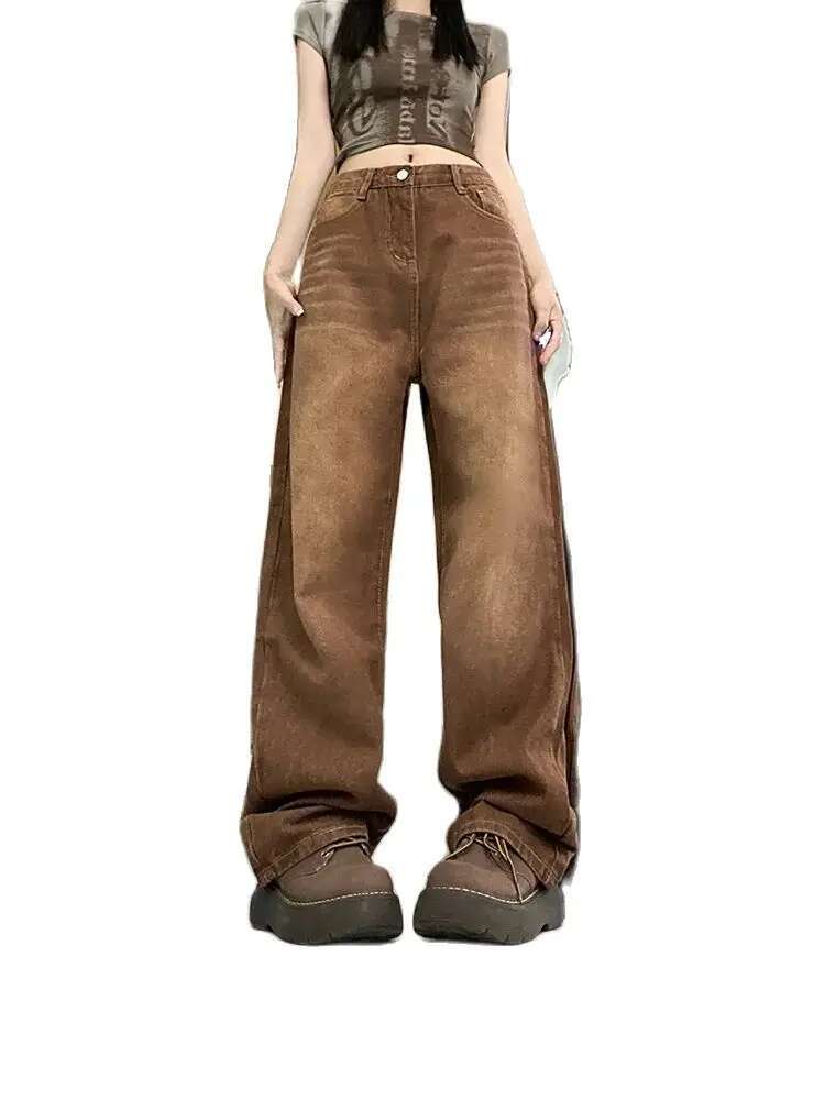 Women Brown Jeans 90S Aesthetic Y2k Vintage Baggy Denim Trouser Fashion Haruku High Waist Wide Cowboy Pants 2000S Clothes 2023
