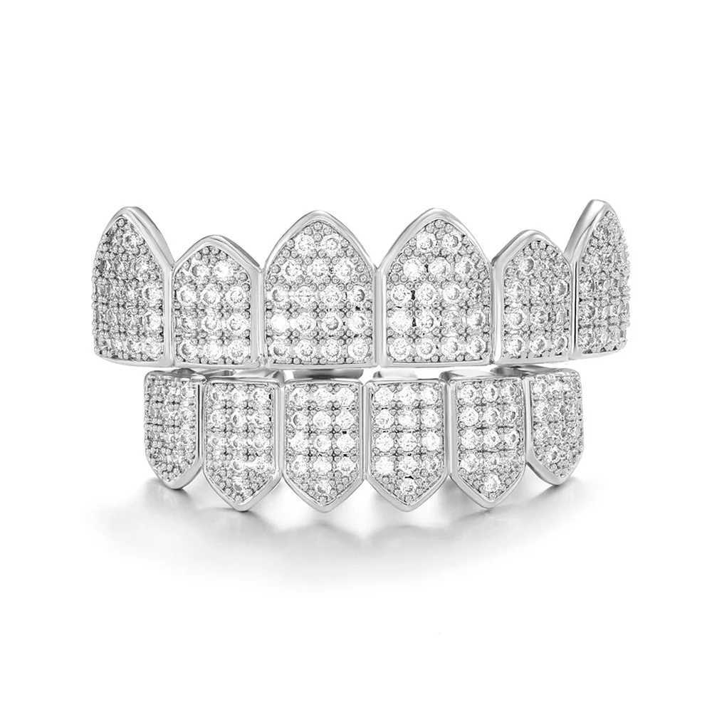 Hip Hop Full CZ Teeth Grillz Caps Bling Iced Out Cubic Zircon Top Bottom Charm Grills Set For Men Women Jewelry GiftXJ250114