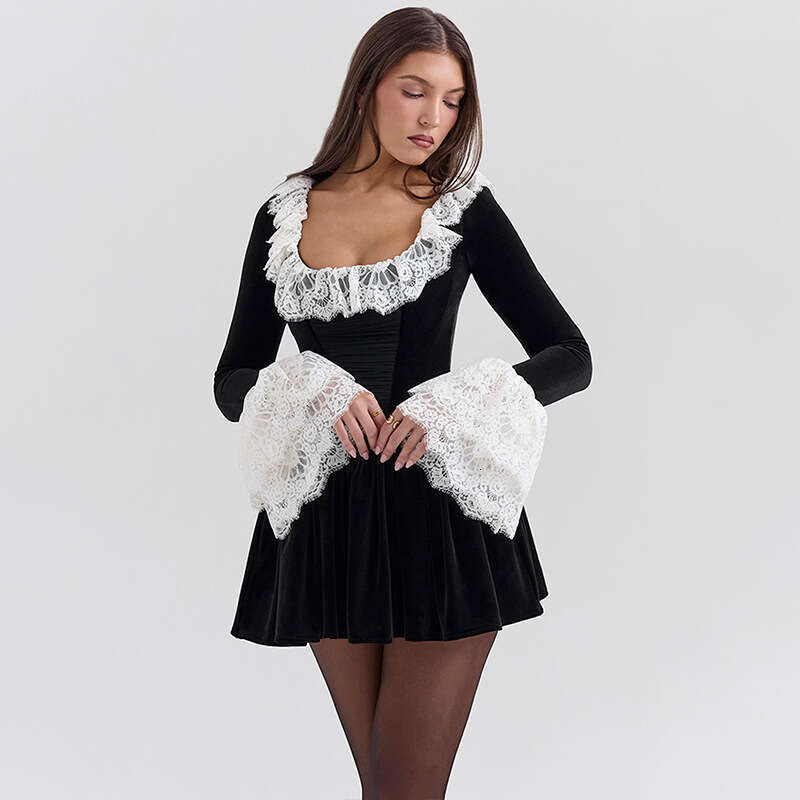 European American style 2025 autumn product fashionable sexy temperament French court lace veet long sleeved dress new casual and versatile fashion cl