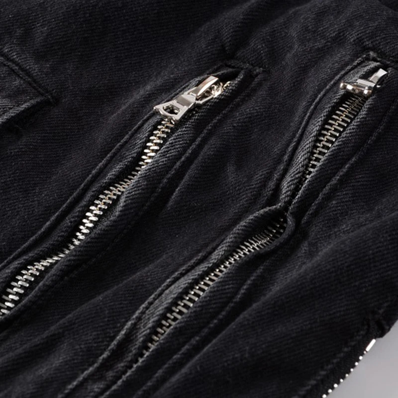 Sokotoo Mens zippers black biker jean jacket Streetwear thick denim slim coat with belt High quality 250116