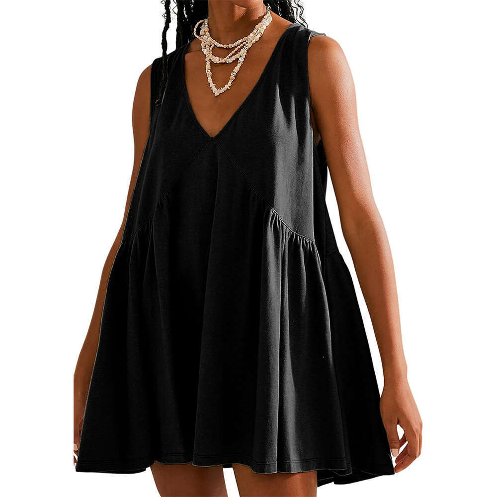 2025 Summer European and American Popular Folding Pocket V-neck Dress Women's New Casual Versatile Fashion Clothing