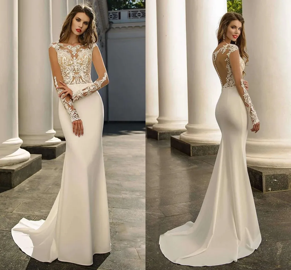 Mermaid Ivory Elegant Satin Wedding Dresses with Illusion Long Sleeves Lace Appliqued Bridal Gowns Sweep Train Boho Garden Beach Buttons Back