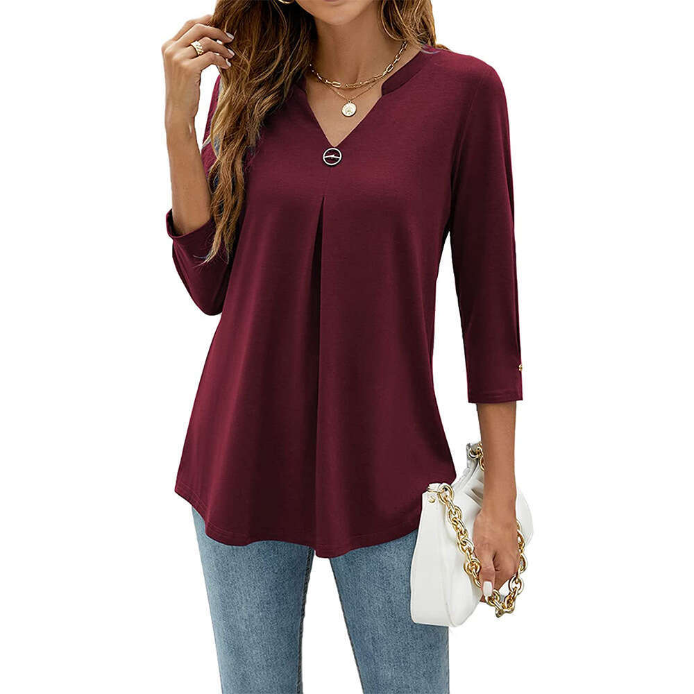 2025 autumn winter popular 3/4 sleeve V-neck nail buckle pleated T-shirt top, women's new style, chic and elegant clothing