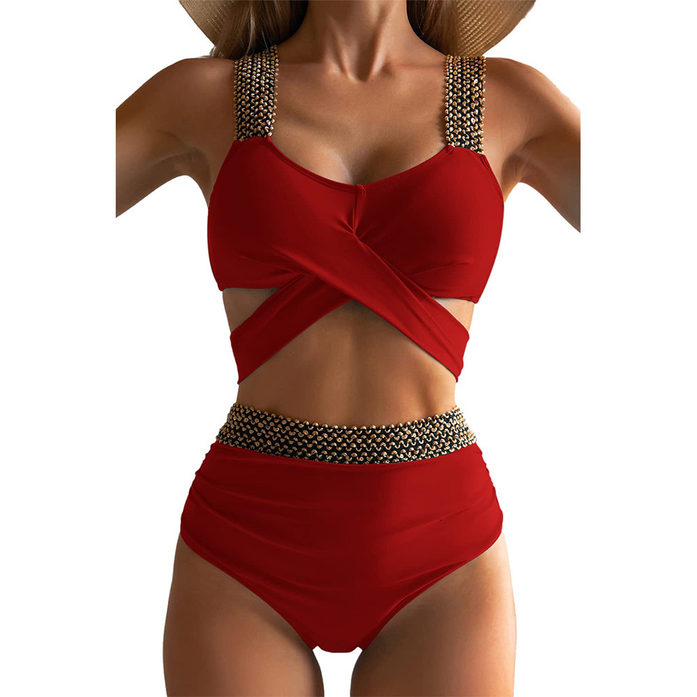 new sexy sequin panel strap paired with solid color cross tie women's bikini swimsuit