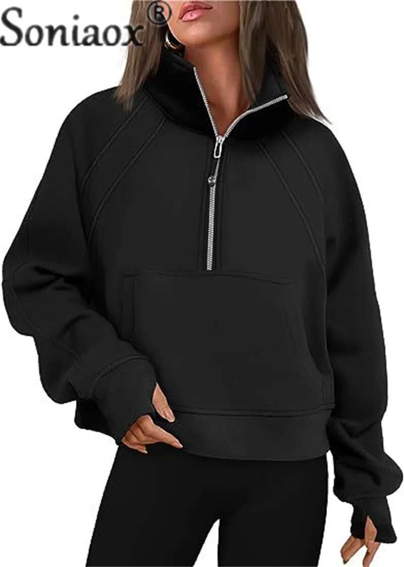 Women's Zipper Half Cardigan Splicing Pouch Thickened Sweatshirt Female Autumn Winter Stand-Up Collar Hoodie Outerwear