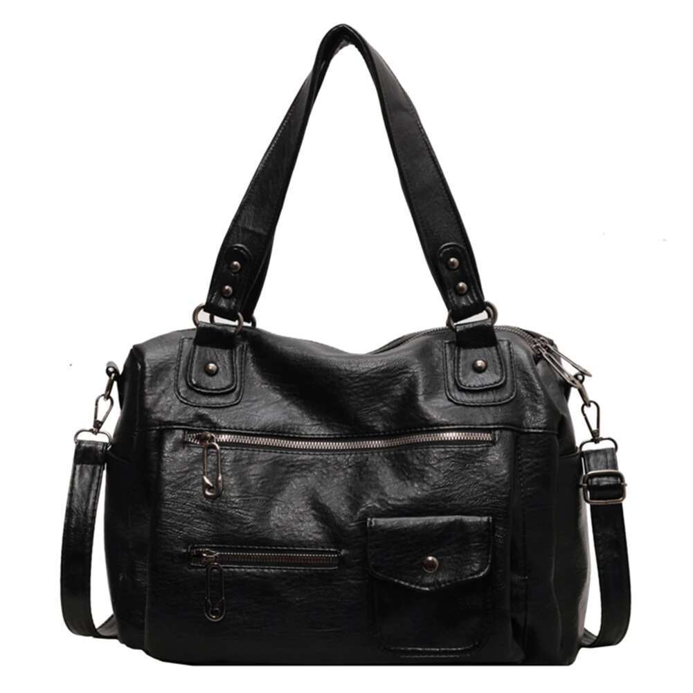 Women Casual Satchel Solid Color PU Leather Stylish Handbag Large Capacity Multi Pocket Tote Shopping Bag