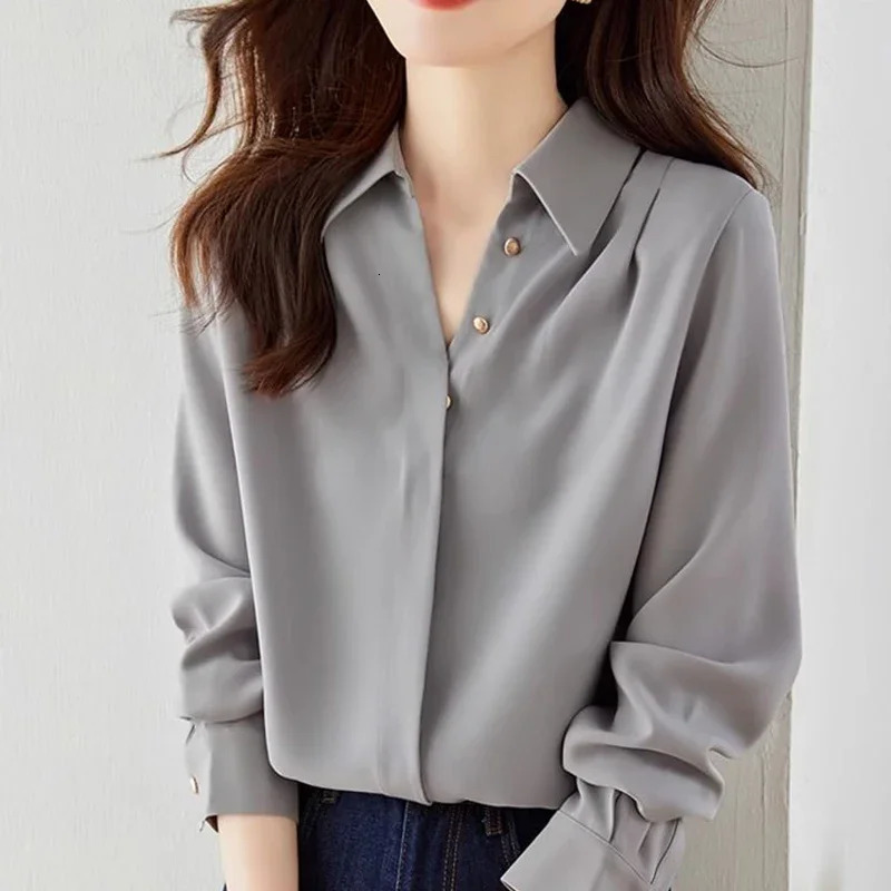 Autumn Original Fashion Casual Loose Gray Long Sleeved Shirt Loose Retro Comfortable Solid Color Womens Top 250107