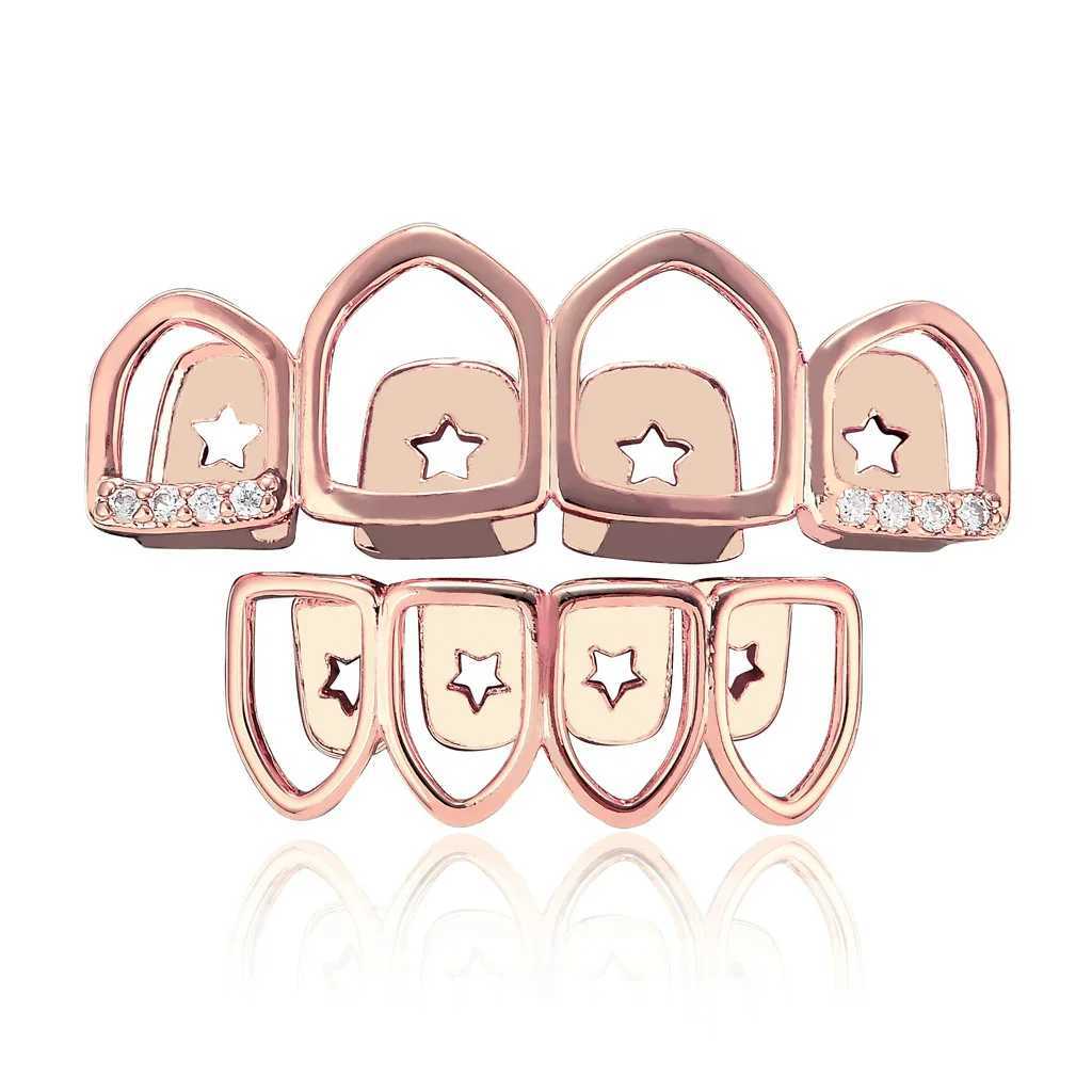 CZ Stones Star Teeth Grillz Caps Cubic Zircon Iced Out Micro Pave Top Bottom Charm Grills Set For Men Women Hip Hop JewelryXJ250114