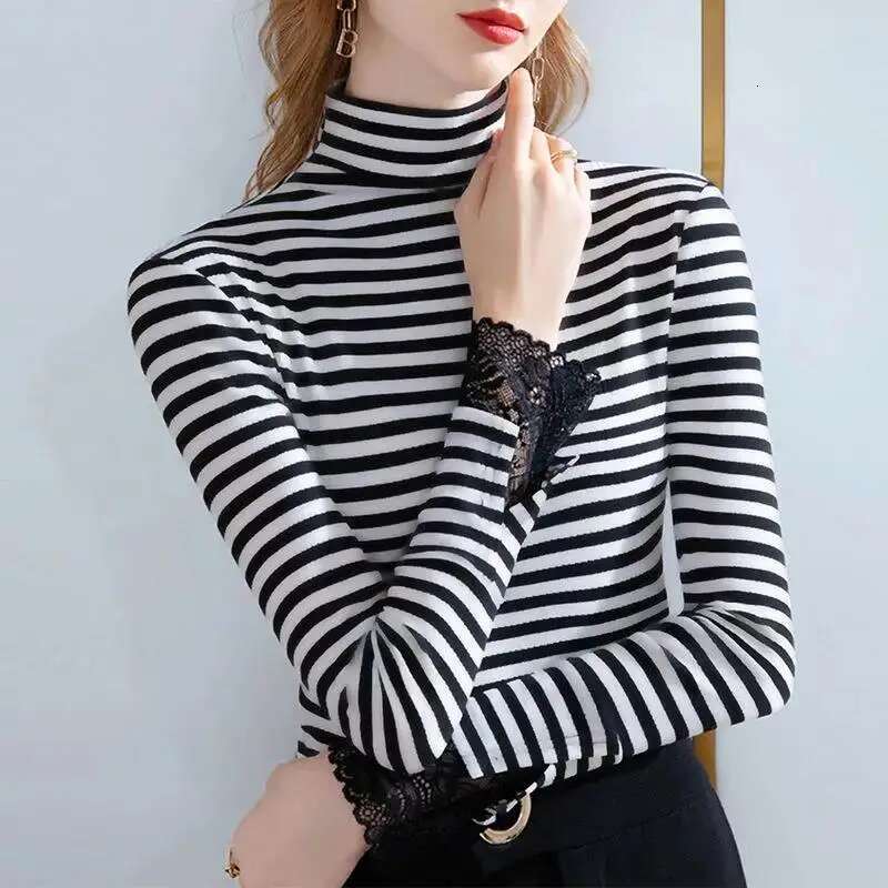 Women's Autumn And Winter New Multifunctional Fashionable Semi High Neck Long Sleeved Solid Color Plush Striped Pullover Shirt Designer T-shirt