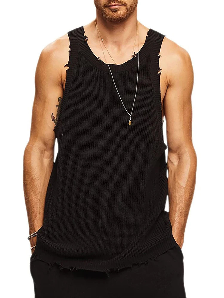 Hip Hop O Neck Straps Ripped Tank Tops Men Streetwear Fashion Solid Color Slim Vest Mens Summer Trendy Sleeveless Camisoles 250108