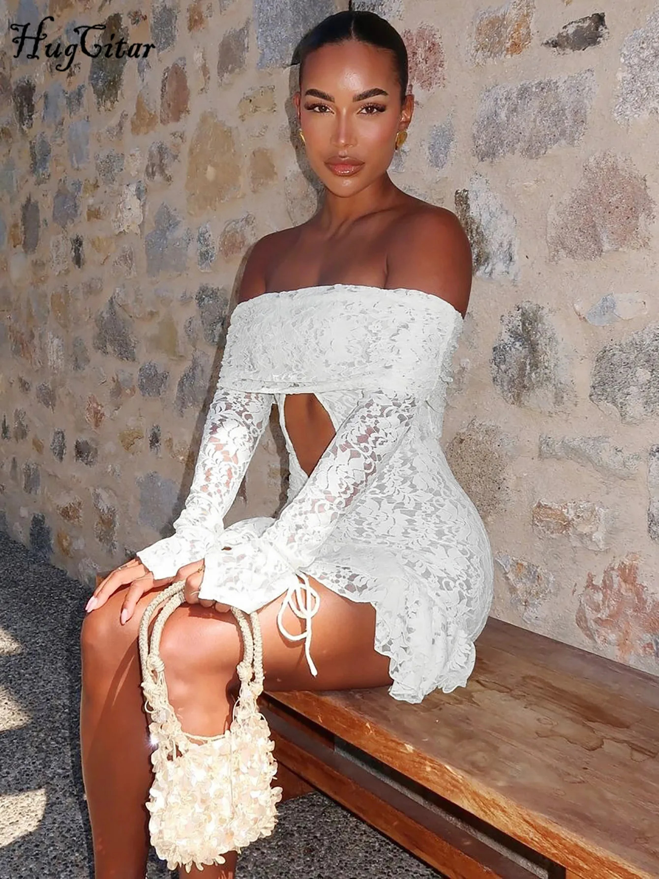 Hugcitar Print Slash Neck Long Sleeve Patchwork Lace Hollow Out Sexy Irregular Mini Dress Spring Women Y2K Outfit Party Vacation 250113