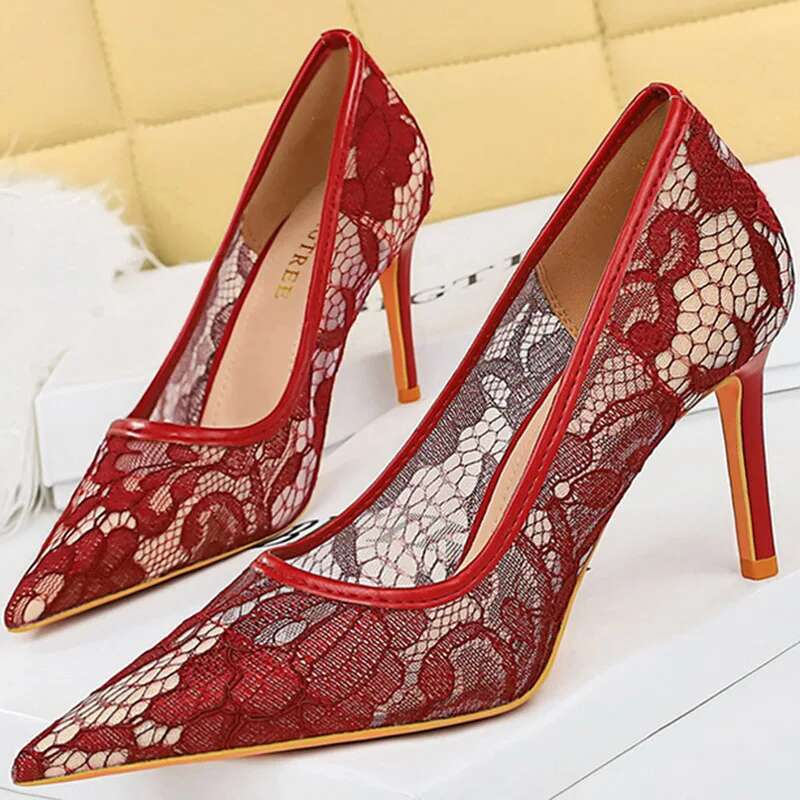 Summer Women Sexy 9.5Cm High Heels Mesh Sandals Bury Pumps Lady Lace Breathable Scarpins Office Party Stripper Fetish Shoes