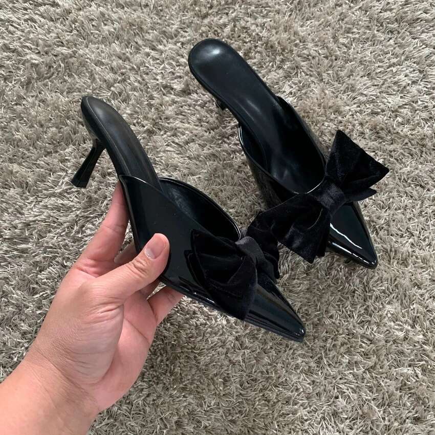 2024 New Womens Butterfly Knot Sandal Shoes Woman Heel Shoe Black Leather High Heels Party Slippers Pumps Sandals