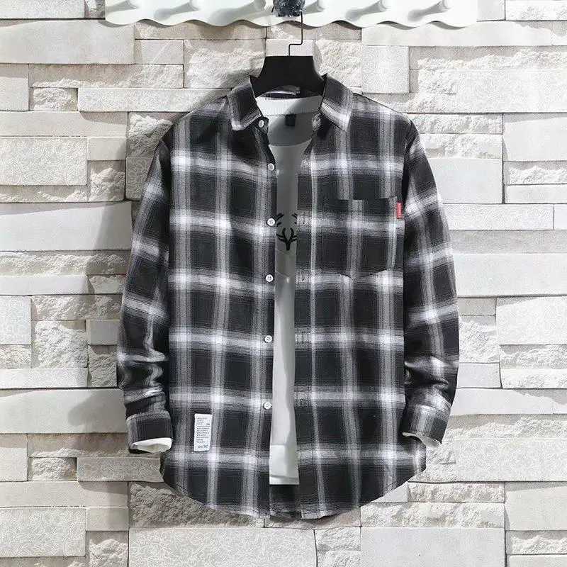 Mens Clothing New 2025 Fashion Spring Summer Casual Plaid Long Sleeve Shirt Youth Casual All-match Top Autumn Mens Shirt Coat 5XL W250118