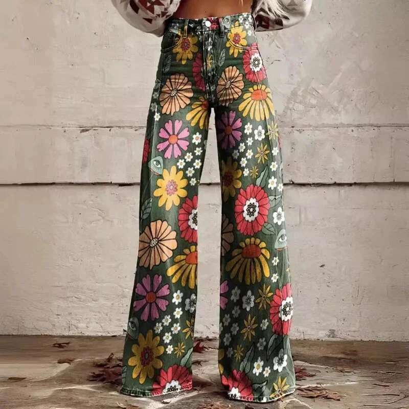 Fashion Button-Zip Women's Elegant High Waisted Bell Bottom Pant Vintage Ral Printed Versatile Casual Fly Pants