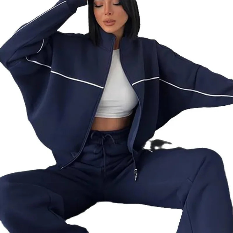 Womens Spring and Autumn Casual Loose Two-piece Set Long-sleeved Stand-up Collar Zipper Hoodie Elastic Waist Wide-leg Pants 250107
