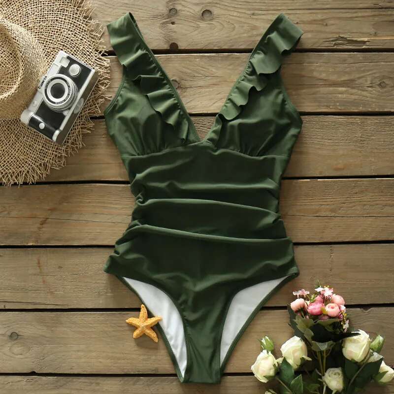 SPORLIKE Heart Attack Falbala One-Piece Swimsuit Women Ruffle V-Neck Monokini 2024 New Girls Beach Bathing Suit Swimwear S-2Xl