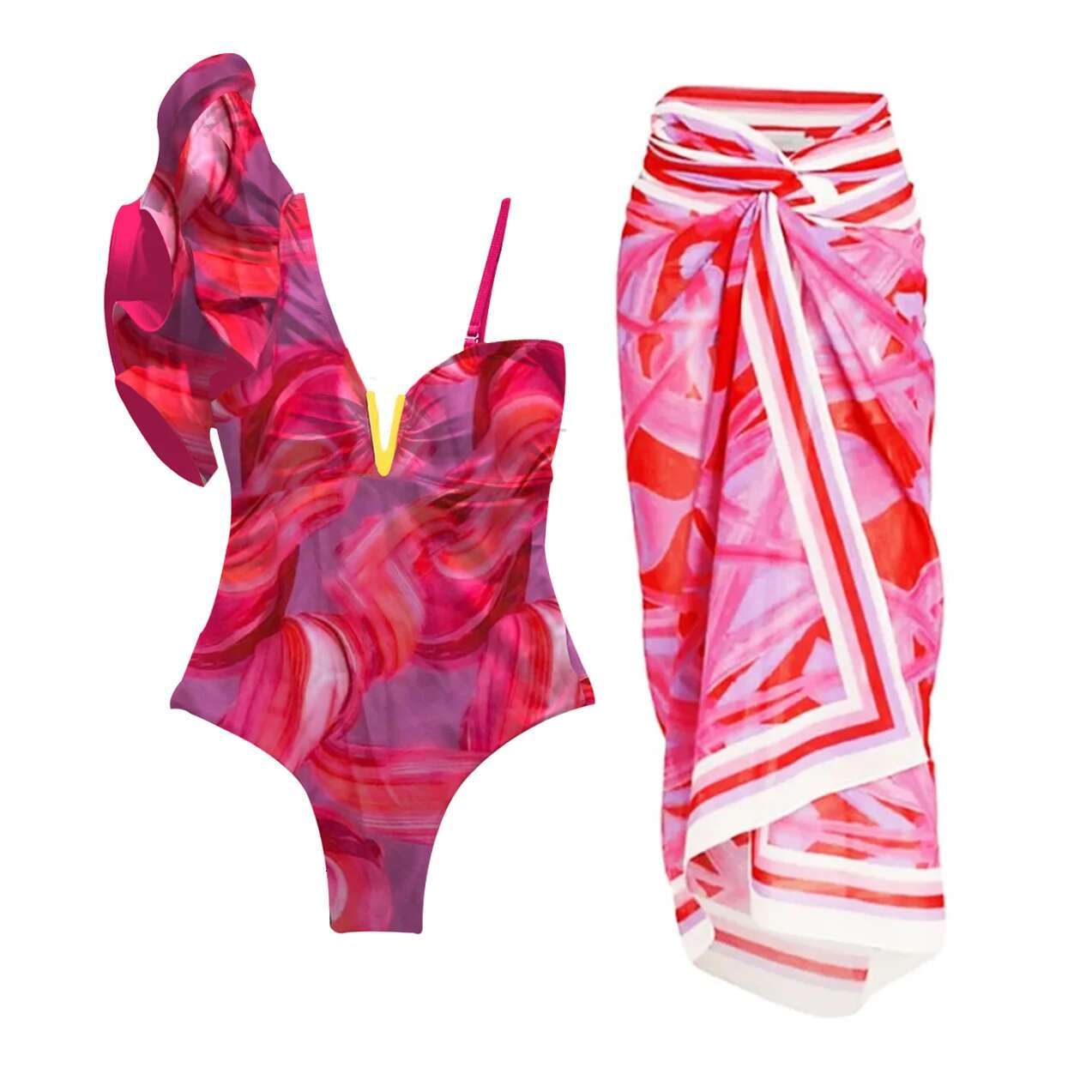 2025 One Shoulder Ruffle Swimsuit With Beach Skirt Swimwear Women V Neck Bathing Suit Sexy Beachwear High Waist Bodysuit Monokin