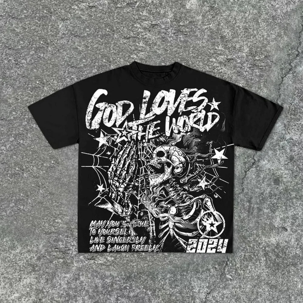 Casual Short Sleeve God Loves The World Graphics 100% Cotton T-Shirt Men Y2K Short Sleeves Oversize Tshirt Streetwear Women Tops 250117