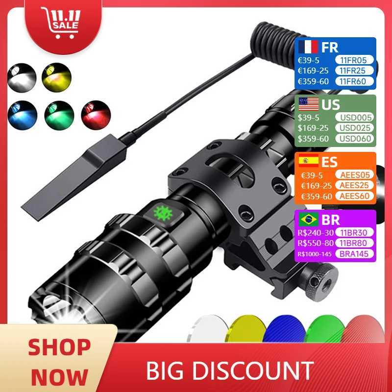LED Tactical Hunting Torch Flashlight L2 8650 Aluminum Waterproof Outdoor Lighting with Gun Mount +Switch USB Rechargeable LampW241227